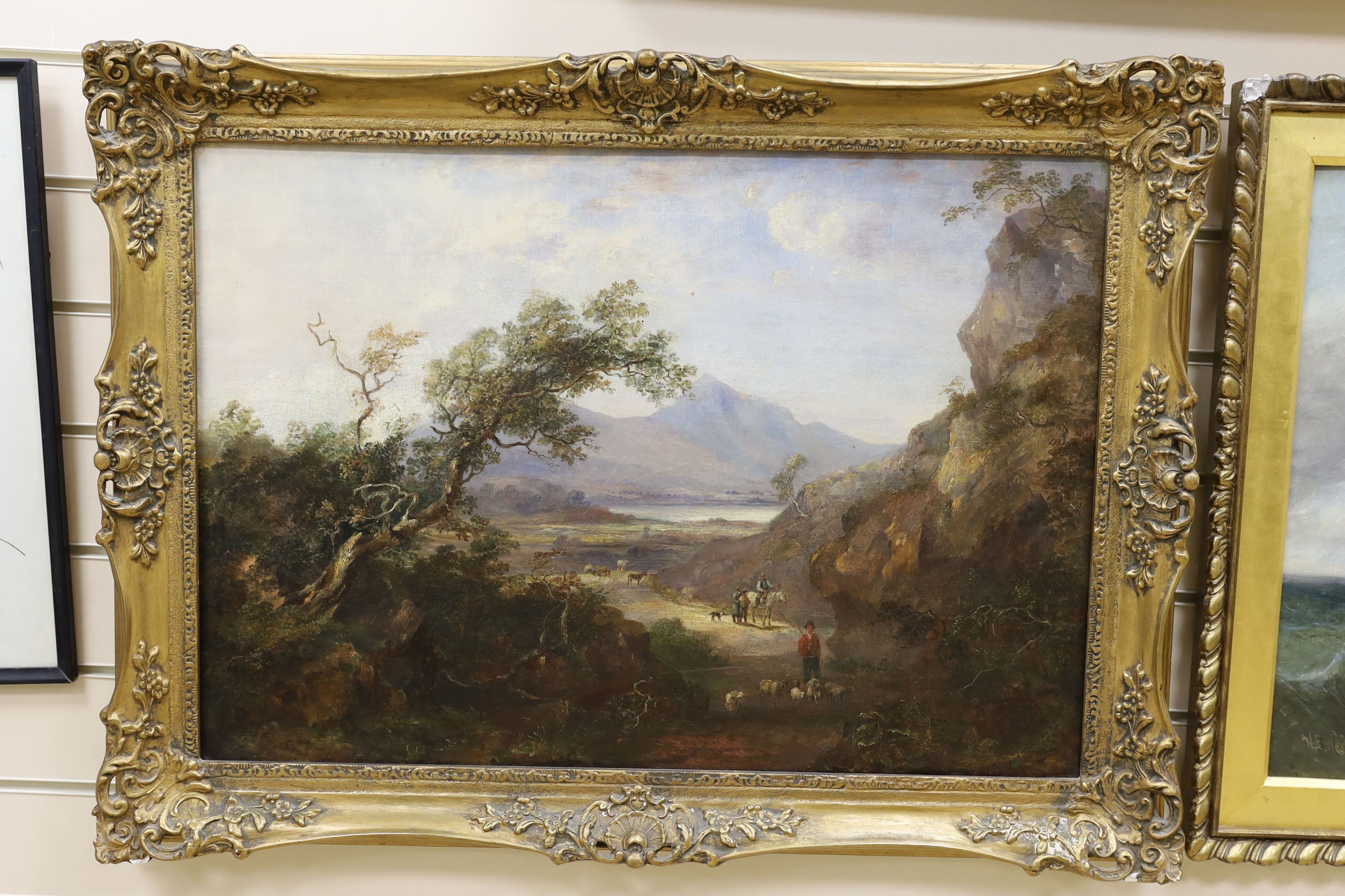 Victorian School, oil on canvas, Shepherd and cattle drovers in a landscape, 50 x 72cm